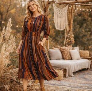 Western Boho Midi Dress Rust Stripe | Anthropologie Style Desert Boho | Umgee
